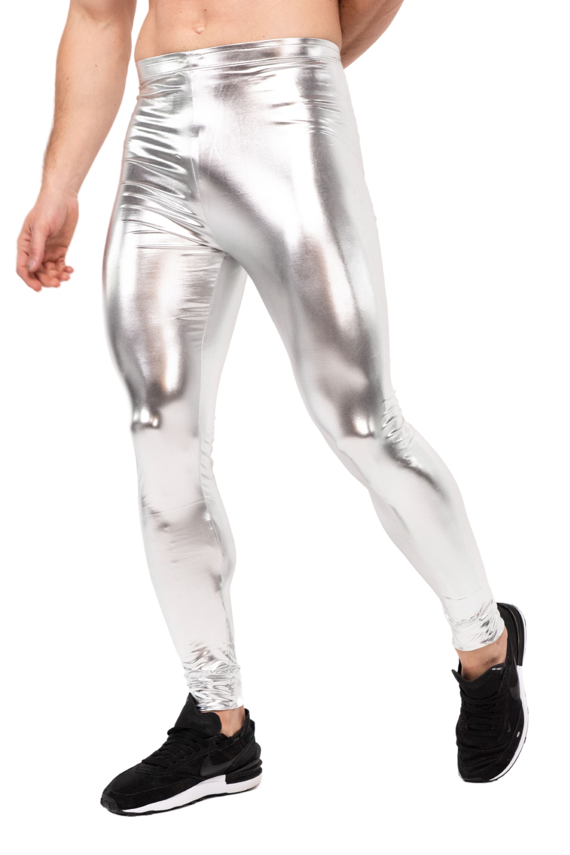 High Rise Silver Shine Gym Leggings Women Metalic Medium